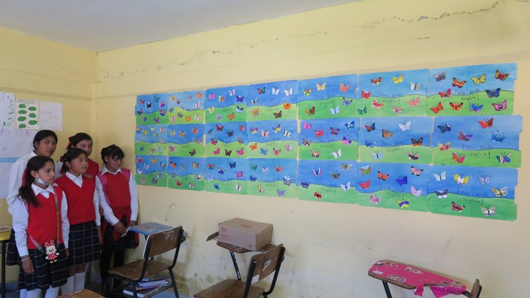 Four students pose with a wall covered in colorful Symbolic Migration Project butterflies