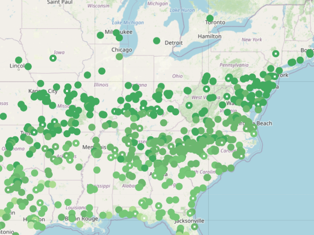 A map of hummingbird sightings in the U.S. and Canada