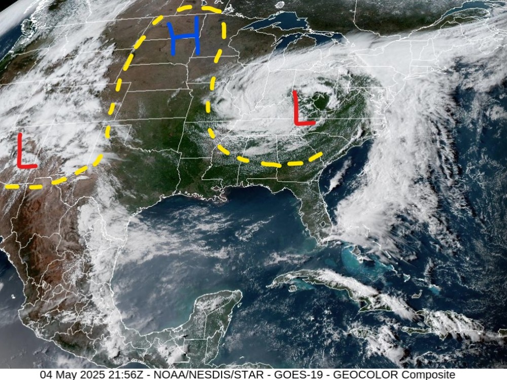 An omega block weather pattern on a map of the U.S.