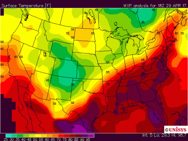 Image of weather map showing hot and cold temperatures in May 2017