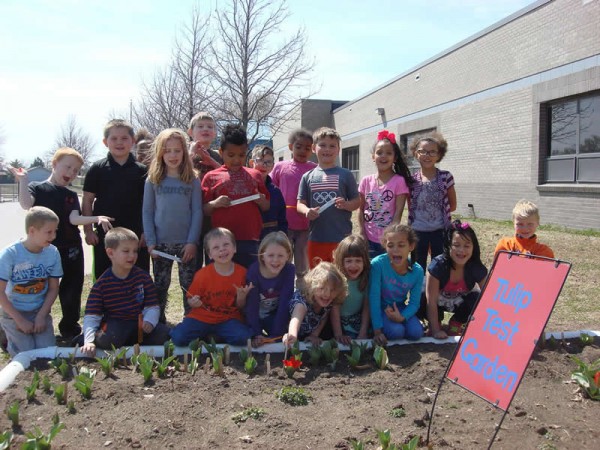 Photo of students observing flowering tulip