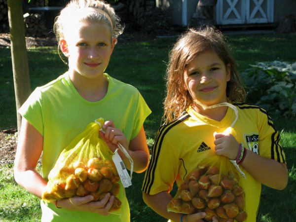 Girls planting tulip bulbs
