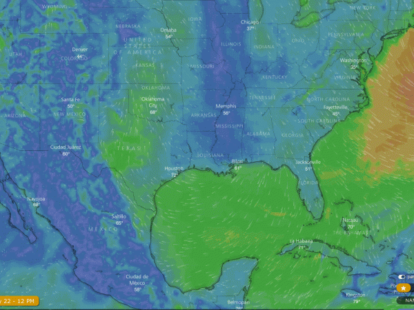Gulf of Mexico area winds push up through Texas.