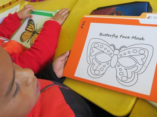 paper image of butterfly mask with child looking on