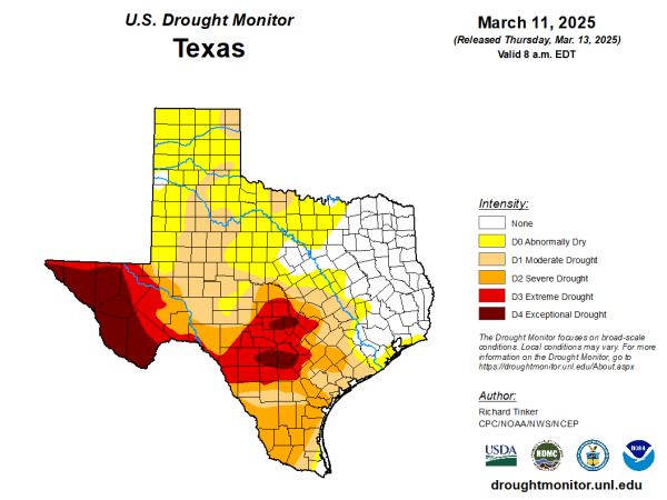 A U.S. Drought Monitor map showing drought levels in Texas
