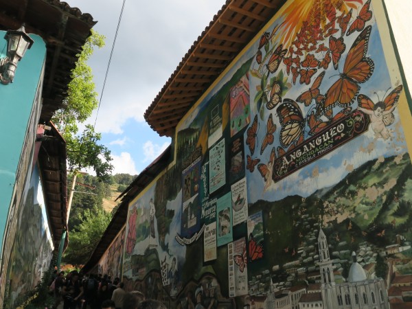 A mural in Angangueo with monarch butterflies depicted