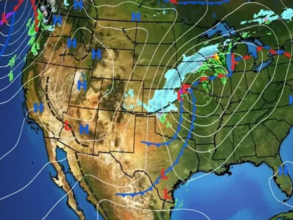A weather map for North America showing areas of high and low pressure