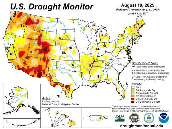 A map of the U.S. showing drought in the west, but limited drought in the eastern U.S.